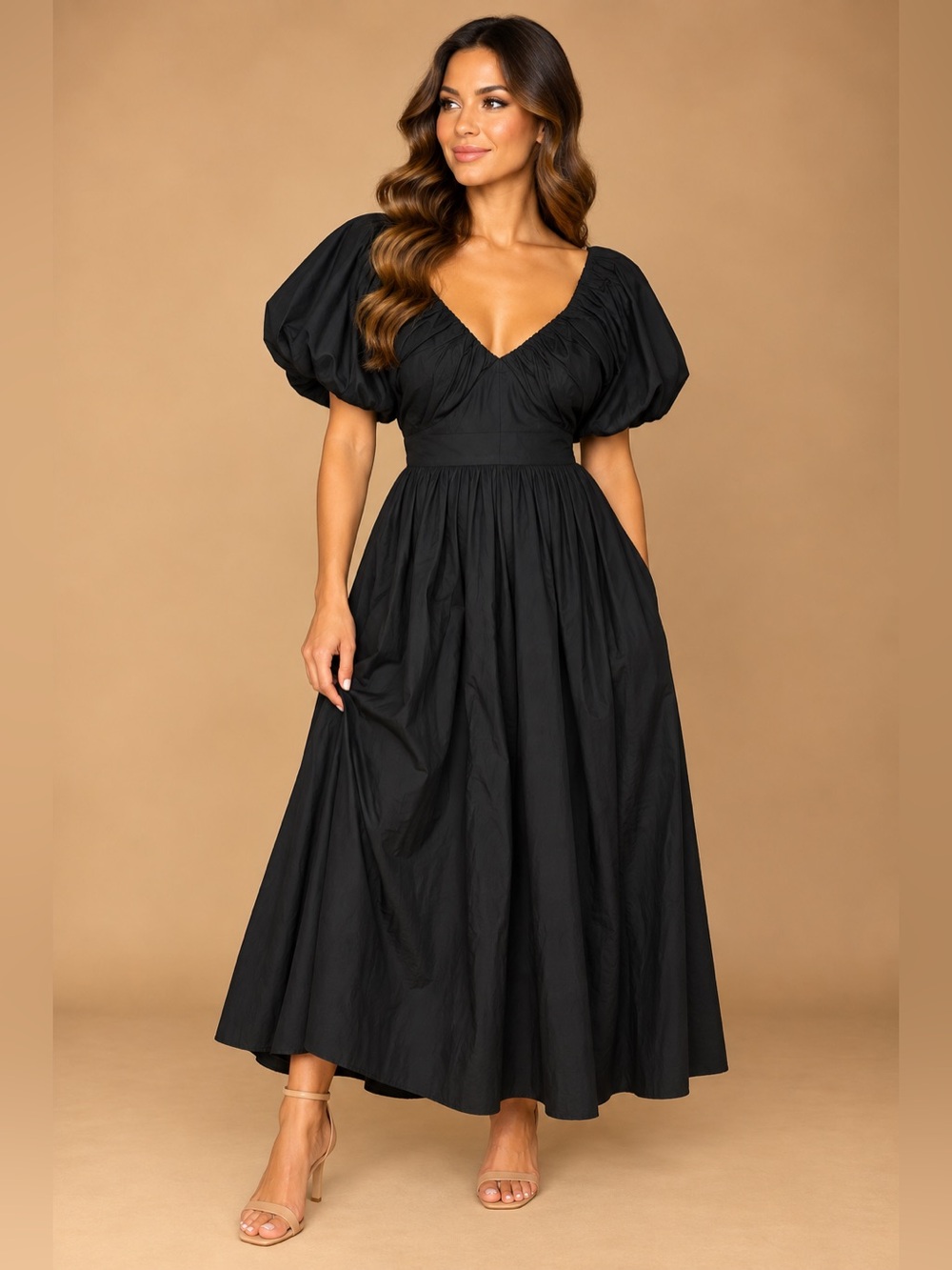 J. Crew Black Midi Dress with Puff Sleeves